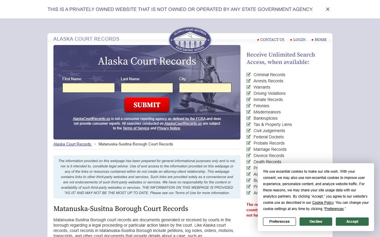 Matanuska-Susitna Borough court information page for Big Lake probate records