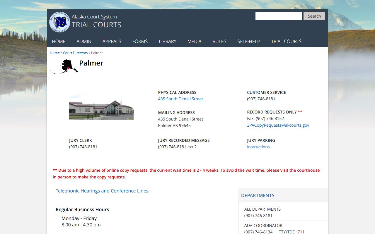 Palmer Superior Court probate court records directory for Wasilla