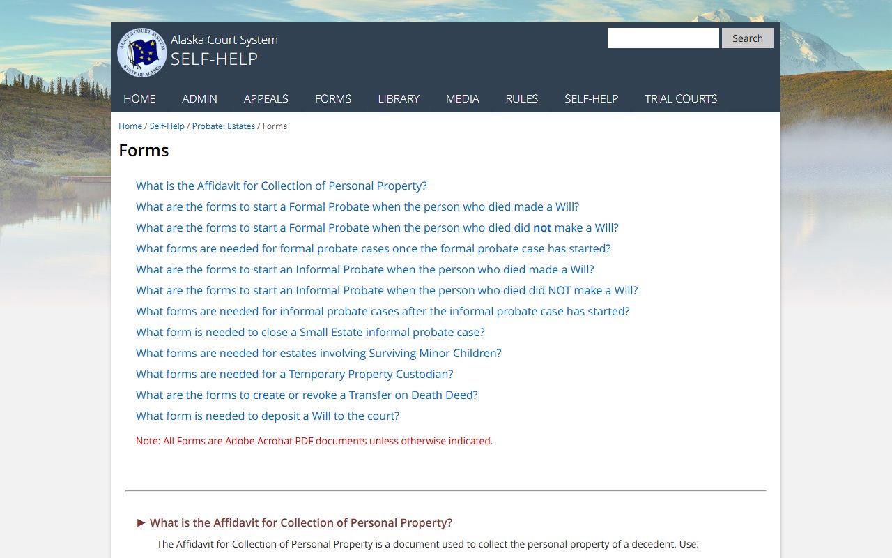 Alaska probate court forms page for estate filing documents