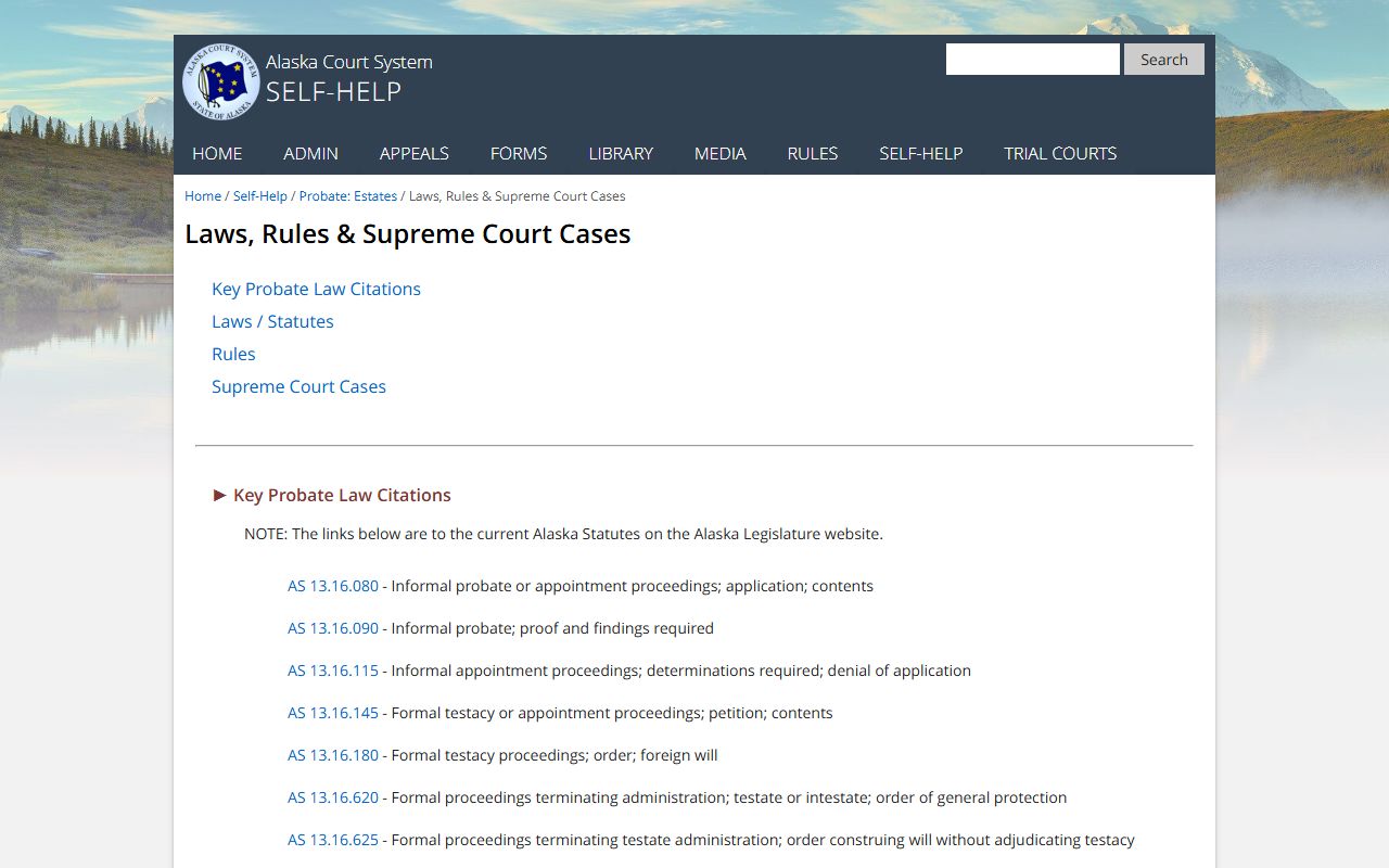 Alaska probate laws and statutes page for probate court records