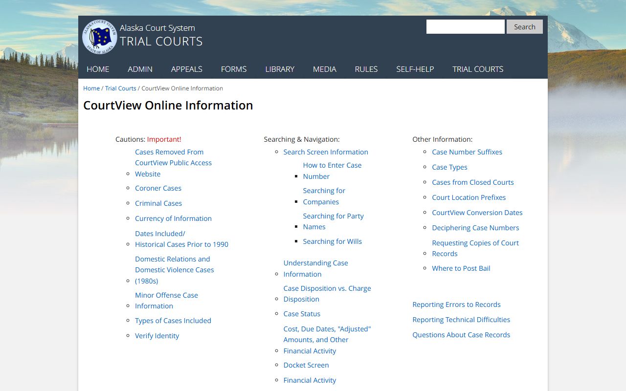 CourtView public access information page for Alaska probate court records
