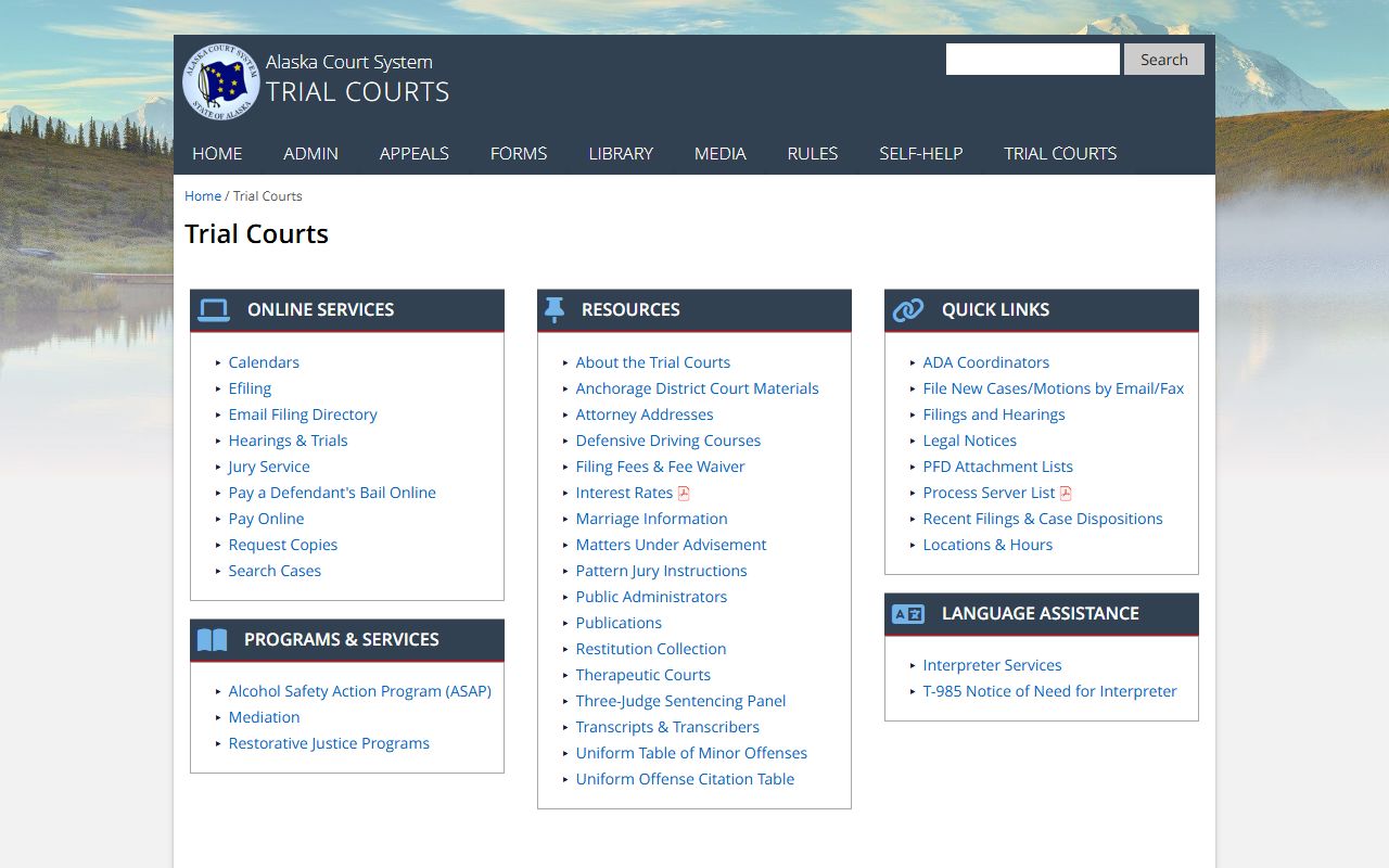 Alaska trial courts records request page for probate court records