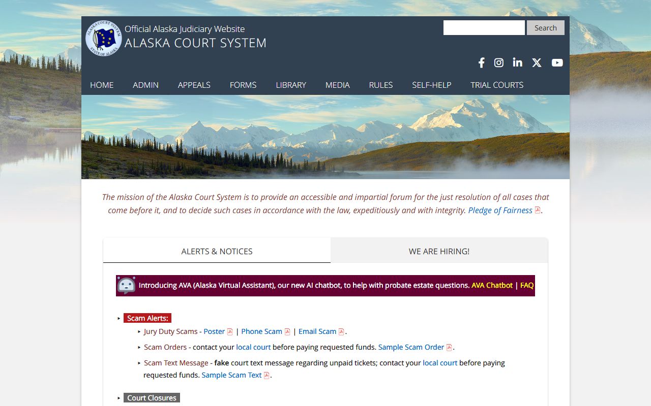 Alaska Court System homepage for probate court records access